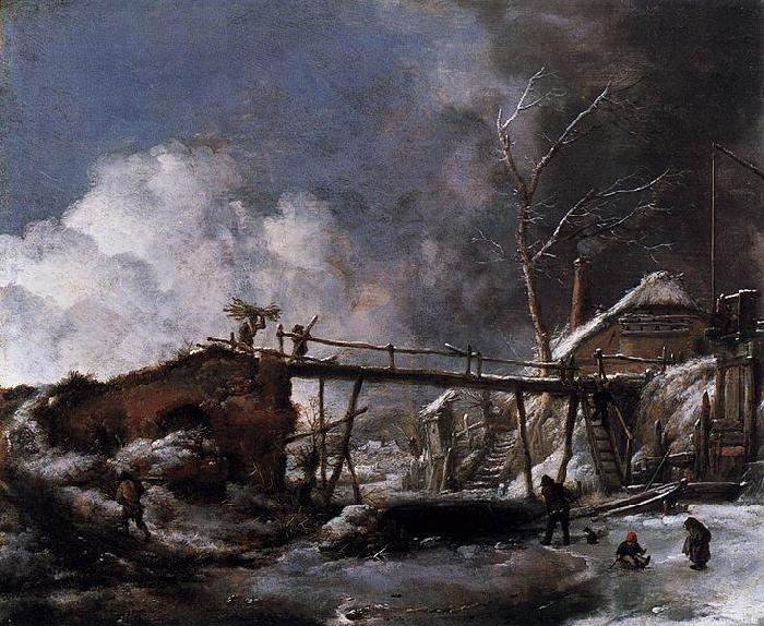 Philips Wouwerman Winter Landscape with Wooden Bridge Sweden oil painting art